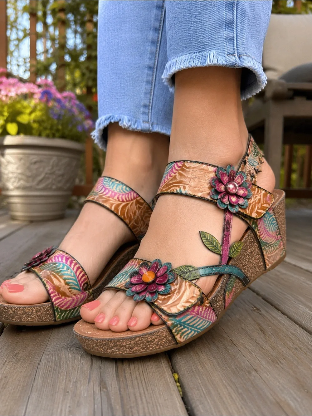 Multicolor Floral Leather Wedge Sandals for Women’s Size 40 or 9 Boho Colorful